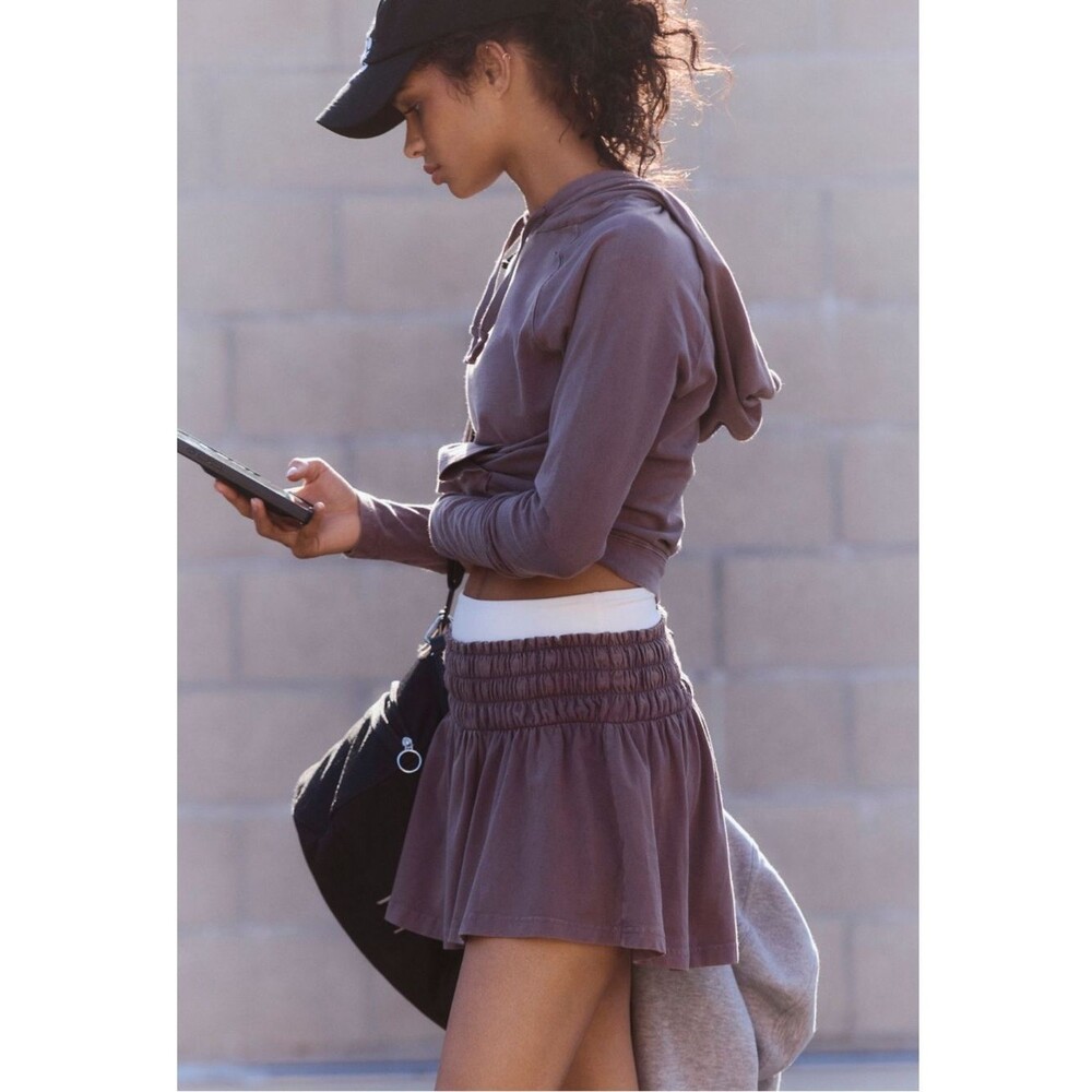 Free People Movement Hot Shot Smocked Skirt Set Hoodie Top Cocoa Medium NEW NWT - Picture 5 of 12